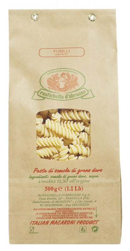 Fusilli, durum wheat semolina pasta, Rustichella - 500 g - pack