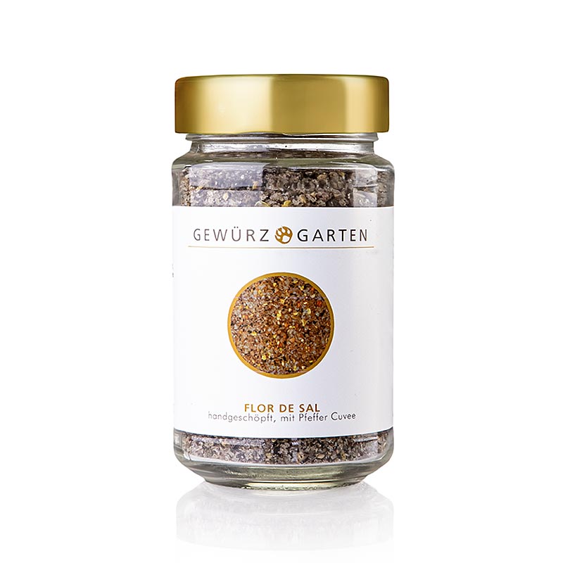Gradina de mirodenii - Flor de Sal, stransa manual, cu cuvee de ardei - 170 g - Sticla Gradina de mirodenii - Flor de Sal, stransa manual, cu cuvee de ardei - 170 g - Sticla