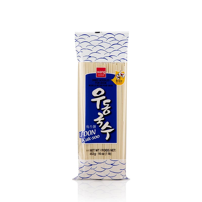 Udon Nudeln - Weizennudeln, hell, flach, 2mm, 21cm lang, Wang, Korea - 453 g - Beutel Udon Nudeln - Weizennudeln, hell, flach, 2mm, 21cm lang, Wang, Korea - 453 g - Beutel