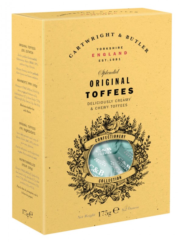 Originele toffees, romige, taaie snoepjes, Cartwright en Butler - 130g - pak Originele toffees, romige, taaie snoepjes, Cartwright en Butler - 130g - pak