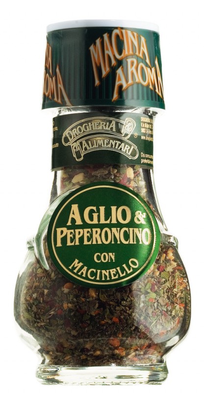 Ail et chili, moulin à épices, aglio et peperoncino con macinello, Drogheria et Alimentari - 30 g - verre