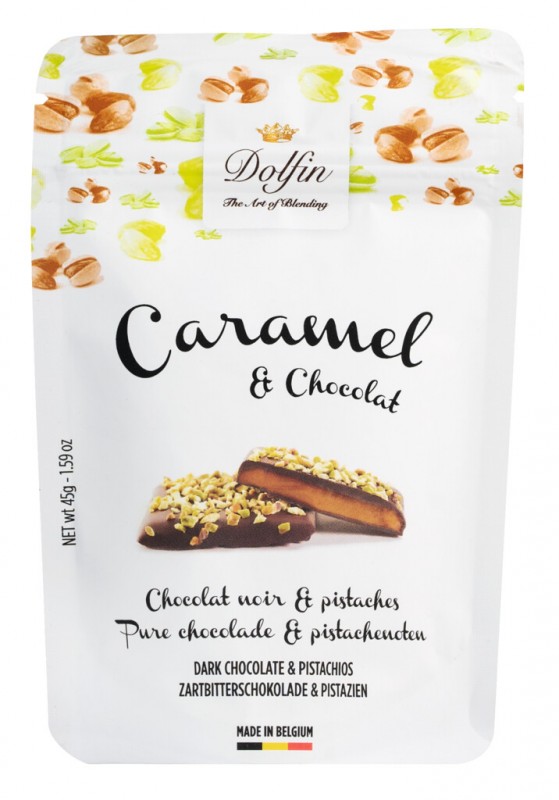 Grelhas de caramelo e chocolate preto e pistache, caramelo com manteiga salgada e pistache, Dolfin - 45g - pacote Grelhas de caramelo e chocolate preto e pistache, caramelo com manteiga salgada e pistache, Dolfin - 45g - pacote