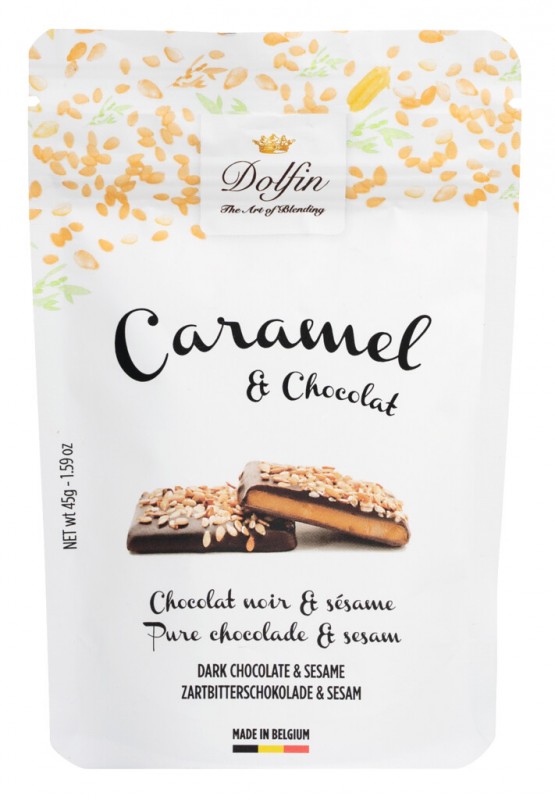 Karamel dan coklat hitam dengan bijan, mentega masin karamel dengan bijan, Dolfin - 45g - pek Karamel dan coklat hitam dengan bijan, mentega masin karamel dengan bijan, Dolfin - 45g - pek