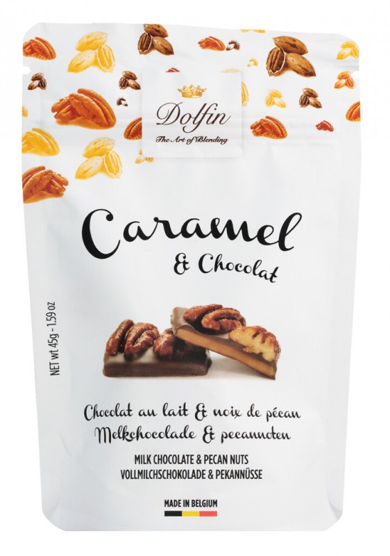 Caramel and Chocolat au lait et noix de pecan, Salted Butter Caramel with Pecan, Dolfin - 45g - pack Caramel and Chocolat au lait et noix de pecan, Salted Butter Caramel with Pecan, Dolfin - 45g - pack