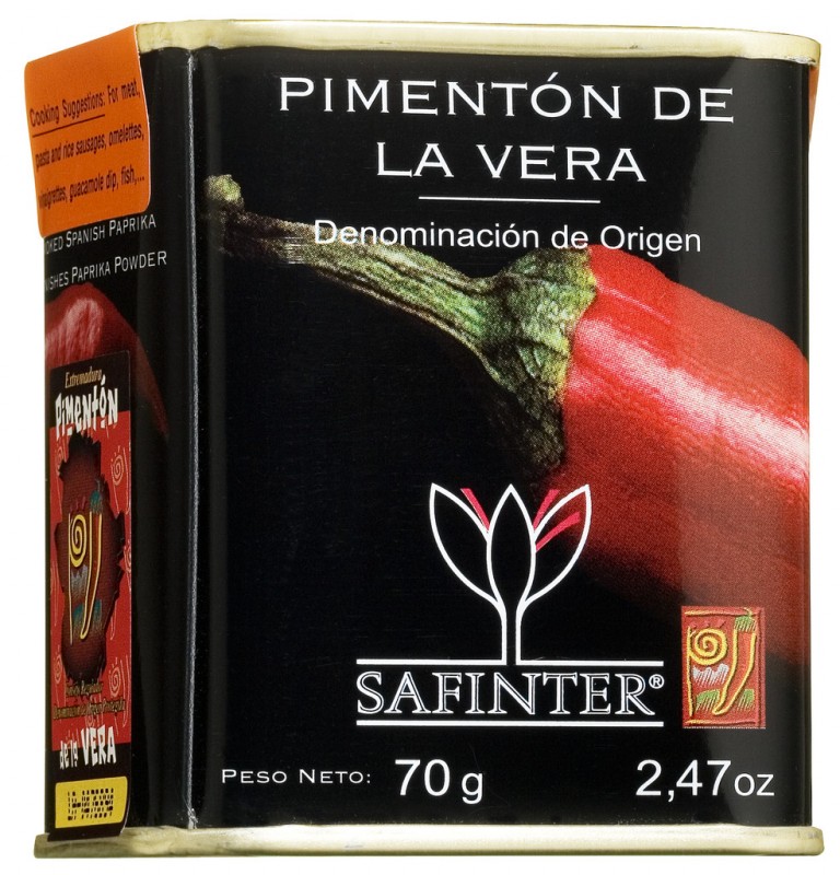 Pimenton de la Vera, dulce, span fumée, paprika, poudre, douce, safinter - 70 g - boîte Pimenton de la Vera, dulce, span fumée, paprika, poudre, douce, safinter - 70 g - boîte