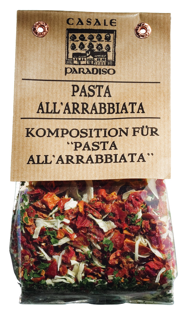 Arrabbiata, pasta - krydret tilberedning med chili, Casale Paradiso - 80 g - taske