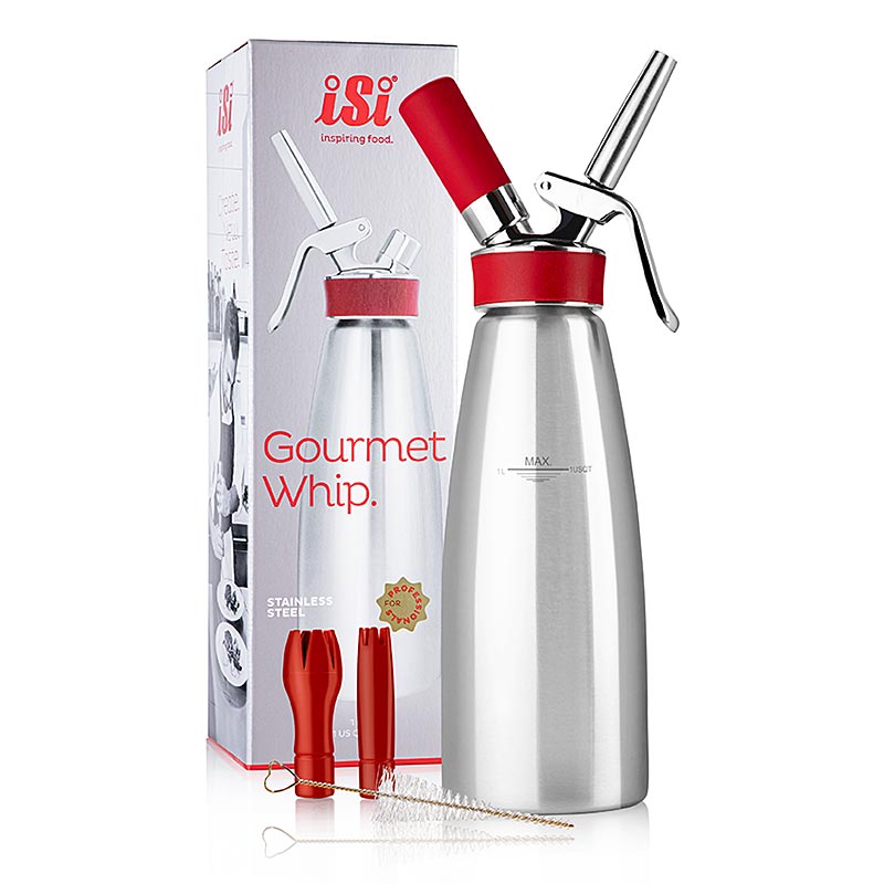 Espuma - Sproeyte, Gourmet Whip Plus, komplett, matt rustfritt stal, 1 liter, roed - 1 stk - Kartong Espuma - Sproeyte, Gourmet Whip Plus, komplett, matt rustfritt stal, 1 liter, roed - 1 stk - Kartong