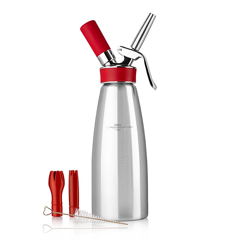 Espuma - Razprsilec, Gourmet Whip Plus, komplet, mat nerjavece jeklo, 1 liter, rdeca - 1 kos - Karton Espuma - Razprsilec, Gourmet Whip Plus, komplet, mat nerjavece jeklo, 1 liter, rdeca - 1 kos - Karton
