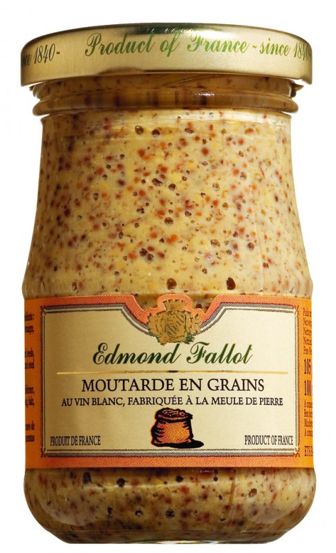 Moutarde en grains au vin blanc, moutarde de Dijon, grains grossiers au vin blanc, Fallot - 105 g - verre