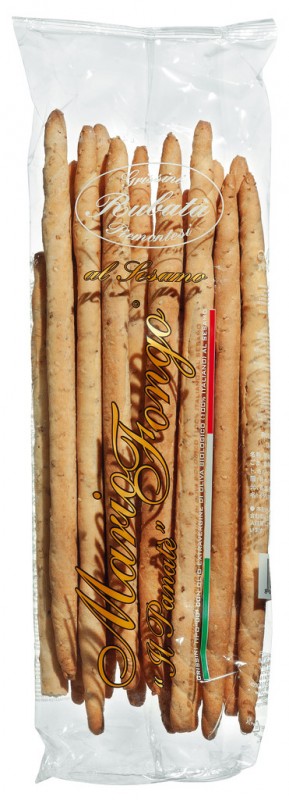 Grissini Rubata al sesamo, Petits gressins roulés à la main avec des graines de sésame, Mario Fongo - 200 g - sac Grissini Rubata al sesamo, Petits gressins roulés à la main avec des graines de sésame, Mario Fongo - 200 g - sac