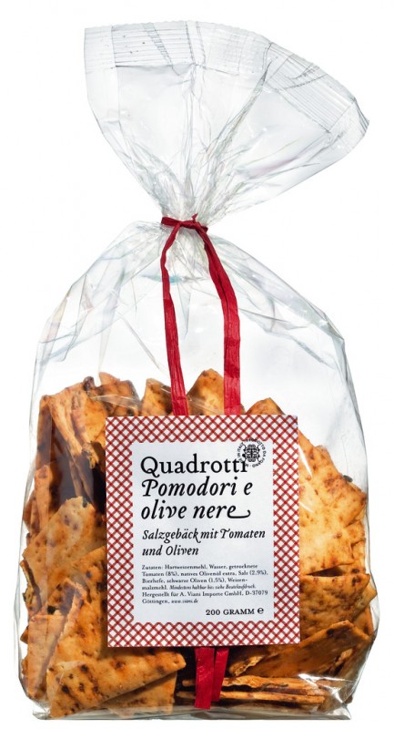 Quadrotti con Pomodori secchi e olive, savory biscuits with dr. Tomatoes and black olives, Viani - 200 g - bag