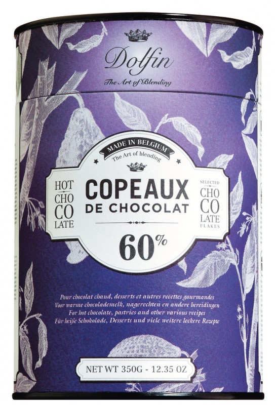 Les Copeaux, chocolat chaud, 60% de cacao, chocolat à boire, 60% de cacao, canette, Dolfin - 350 g - boîte