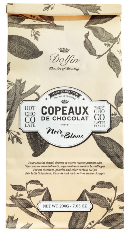 Les Copeaux, chocolat chaud, noir et blanc, chocolat à boire, noir et blanc, sachet, Dolfin - 200 g - sac