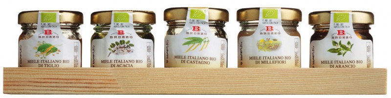 Miele assortito biologico, vasi mini, honey mini glasses 5 assorted, gift set, Apicoltura Brezzo - 5 x 35 g - Set