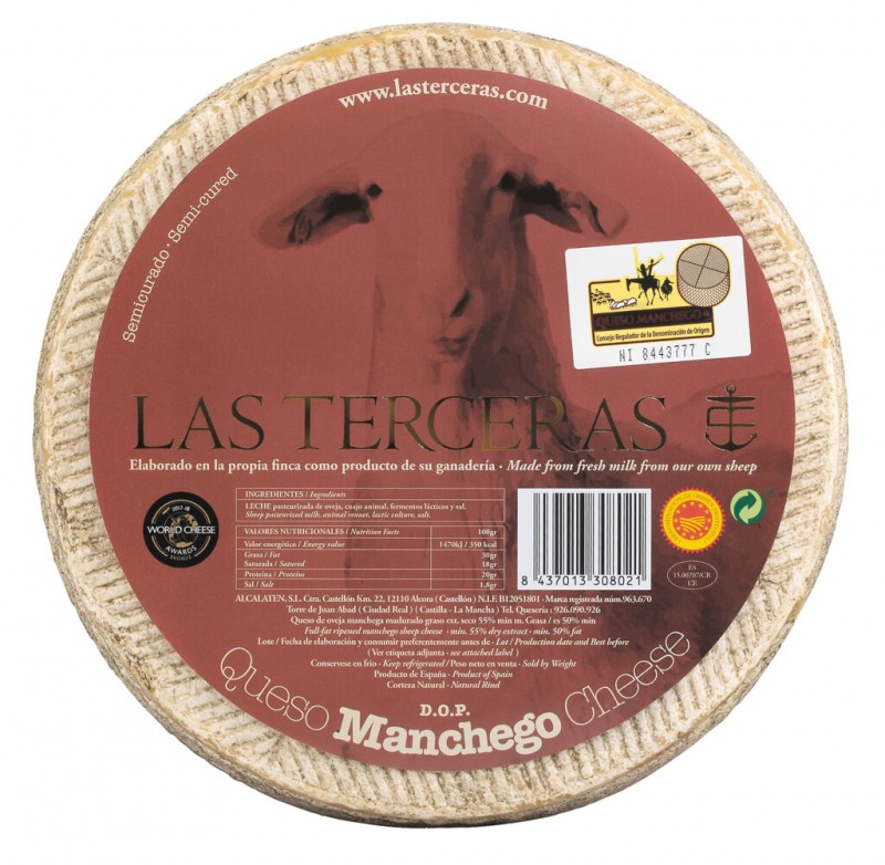 Manchego PDO gjysem i kuruar, Djathi i deleve mesjetare PDO, Las Terceras - rreth 2.8 kg - kg Manchego PDO gjysem i kuruar, Djathi i deleve mesjetare PDO, Las Terceras - rreth 2.8 kg - kg