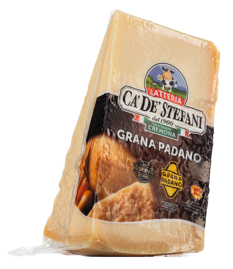 Grana Padano DOP Riserva 20 mesi, nyers tehentejbol keszult kemeny sajt, legalabb 20 honapig erlelve, Latteria Ca` de` Stefani - kb 1kg - kg