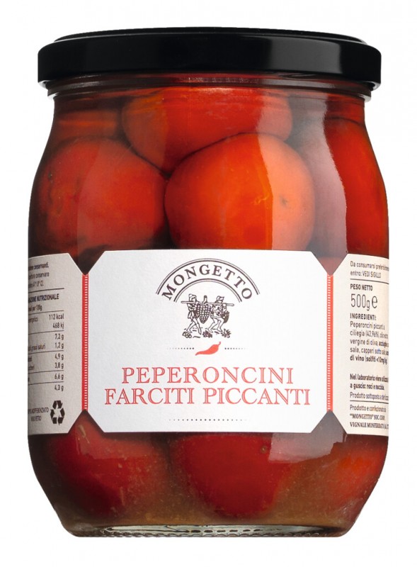 Peperoncini farciti, pimentao recheado com anchovas e alcaparras em azeite, Mongetto - 500g - Vidro Peperoncini farciti, pimentao recheado com anchovas e alcaparras em azeite, Mongetto - 500g - Vidro