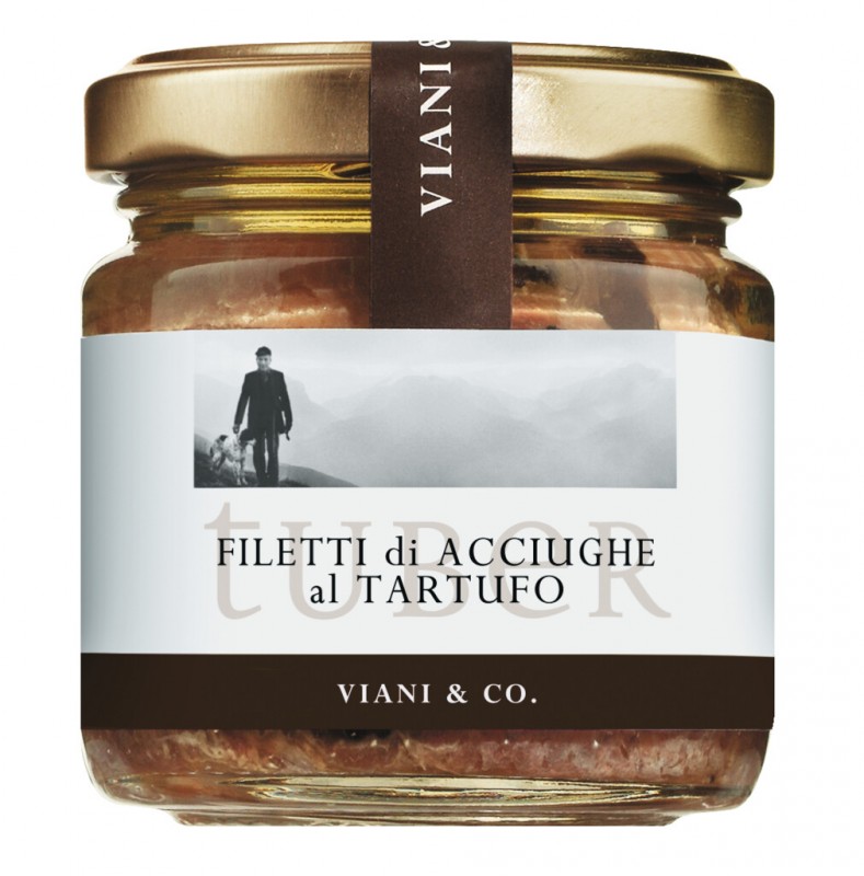 Filetti di Acciughe al Tartufo, filetes de anchoa con trufas de verano en aceite - 95g - Vaso Filetti di Acciughe al Tartufo, filetes de anchoa con trufas de verano en aceite - 95g - Vaso