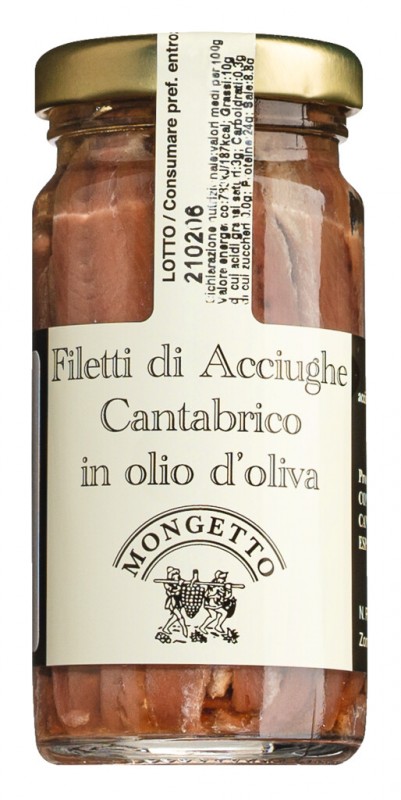 Filetti di acciughe, filetes de anchoa en aceite de oliva, Mongetto - 100g - Vaso Filetti di acciughe, filetes de anchoa en aceite de oliva, Mongetto - 100g - Vaso