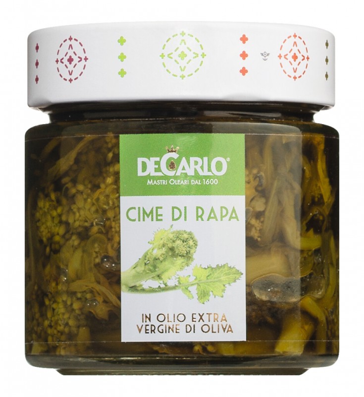 Cime di rapa, batang kubis dalam minyak zaitun extra virgin, De Carlo - 200 gram - Kaca Cime di rapa, batang kubis dalam minyak zaitun extra virgin, De Carlo - 200 gram - Kaca