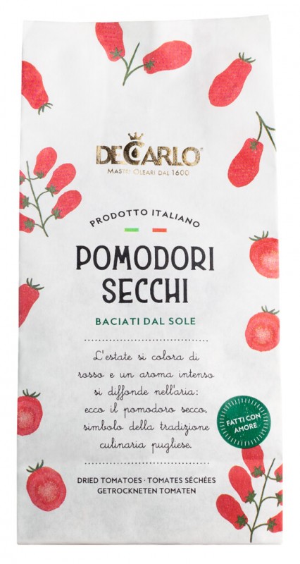 Pomodori secchi, toerrede tomater, De Carlo - 200 g - taske Pomodori secchi, toerrede tomater, De Carlo - 200 g - taske