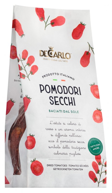 Pomodori secchi, toerrede tomater, De Carlo - 200 g - taske Pomodori secchi, toerrede tomater, De Carlo - 200 g - taske