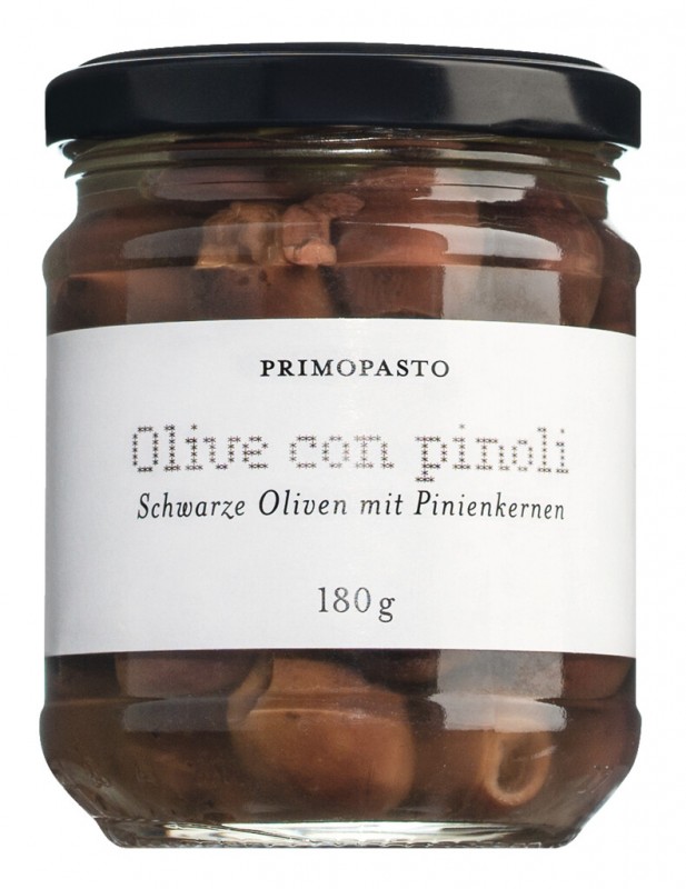 Zaitun con pinoli, zaitun hitam dalam minyak, diadu dengan kacang pinus, primopasto - 180 gram - Kaca Zaitun con pinoli, zaitun hitam dalam minyak, diadu dengan kacang pinus, primopasto - 180 gram - Kaca