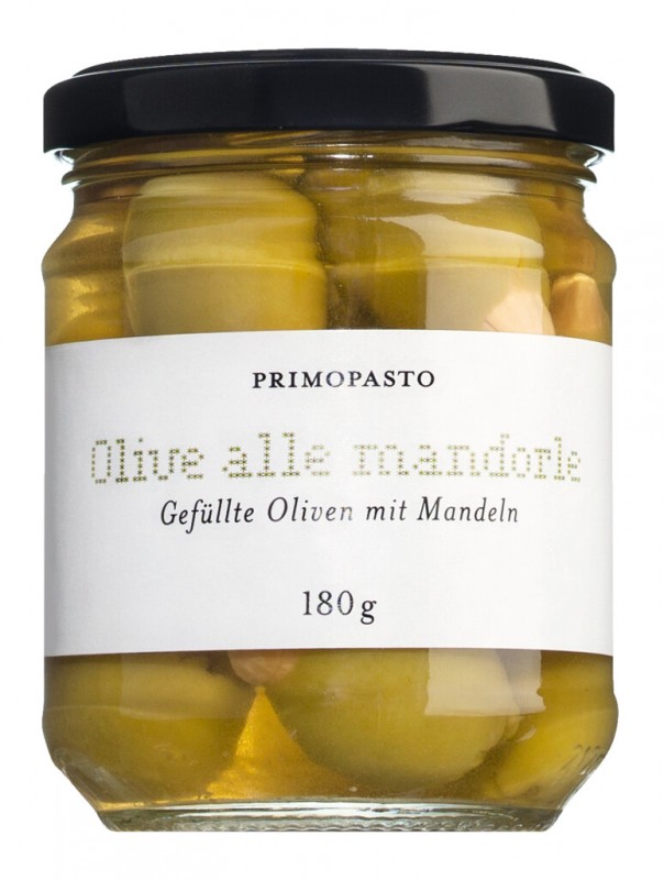 Olive alle mandorle, zaitun hijau dalam minyak, disumbat dengan badam, primopasto - 180g - kaca Olive alle mandorle, zaitun hijau dalam minyak, disumbat dengan badam, primopasto - 180g - kaca