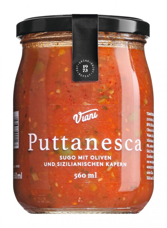 PUTTANESCA - Sugo con aceitunas y alcaparras, salsa de tomate con aceitunas y alcaparras, Viani - 560ml - Vaso