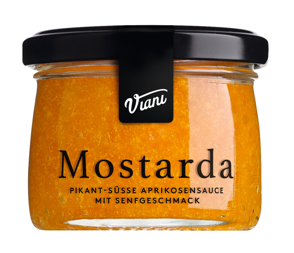 Mostarda di albicocche, sos de caise cu aroma de mustar, dulce-dulce, Viani - 130 g - Sticla