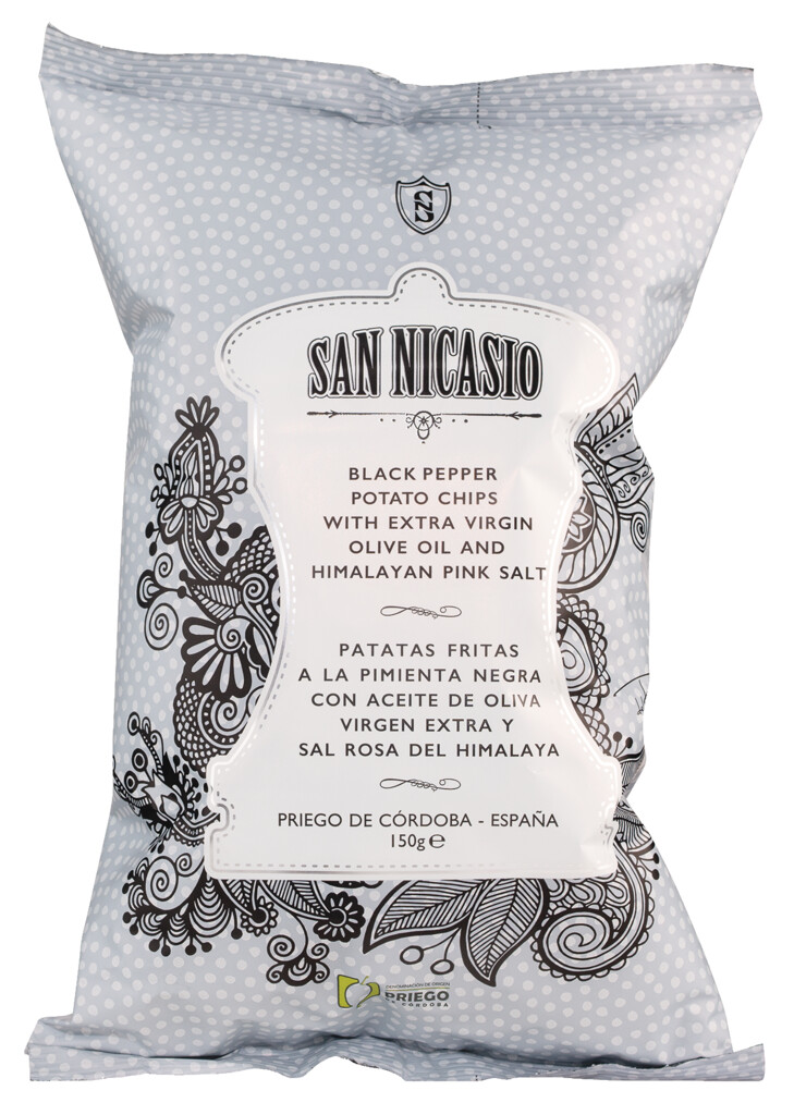 Patatas fritas a la pimienta negra, Kartoffelchips mit nativem Olivenöl extra + Pfeffer, San Nicasio - 150 g - Beutel