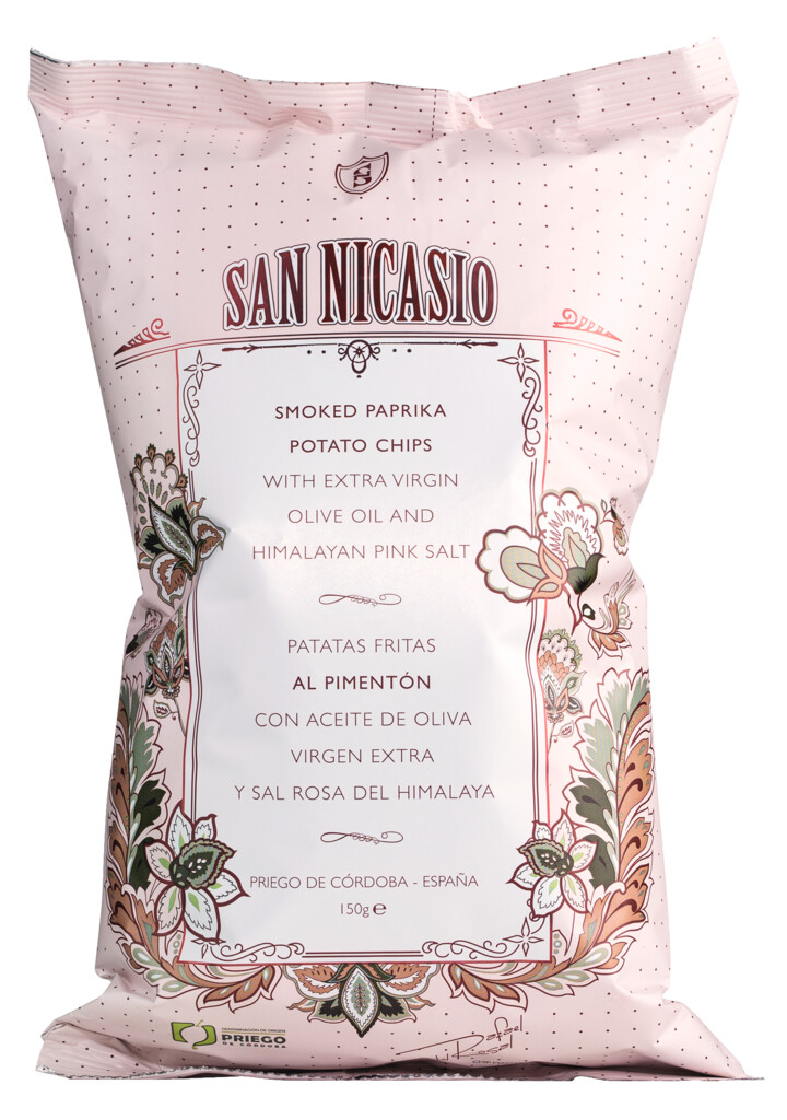 Patatas fritas al pimenton de la Vera, chips indigenes. Huile d`olive en supplement +al. Paprika, San Nicasio - 150g - sac Patatas fritas al pimenton de la Vera, chips indigenes. Huile d`olive en supplement +al. Paprika, San Nicasio - 150g - sac