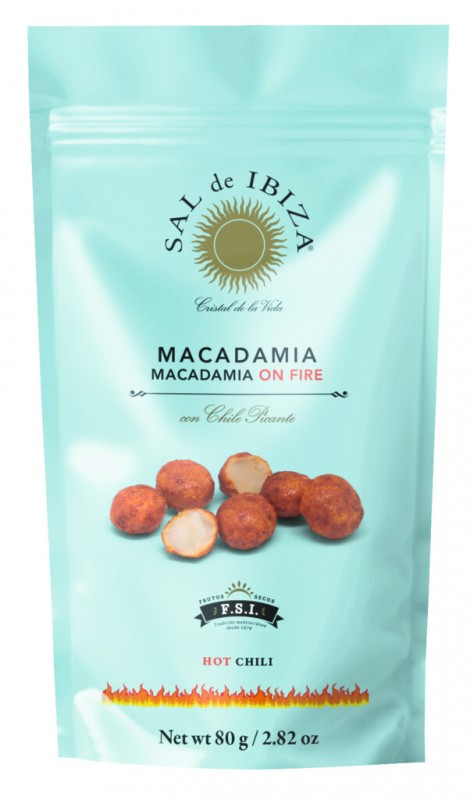 Macadamia on Fire, nozes de macadamia com pimenta, Sal de Ibiza - 80g - bolsa Macadamia on Fire, nozes de macadamia com pimenta, Sal de Ibiza - 80g - bolsa