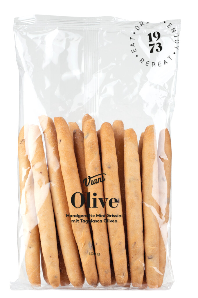 OLIVE - Mini Grissini mit Taggiasca Oliven, Handgerollte Grissini mit Taggiasca Oliven, Viani - 100 g - Beutel
