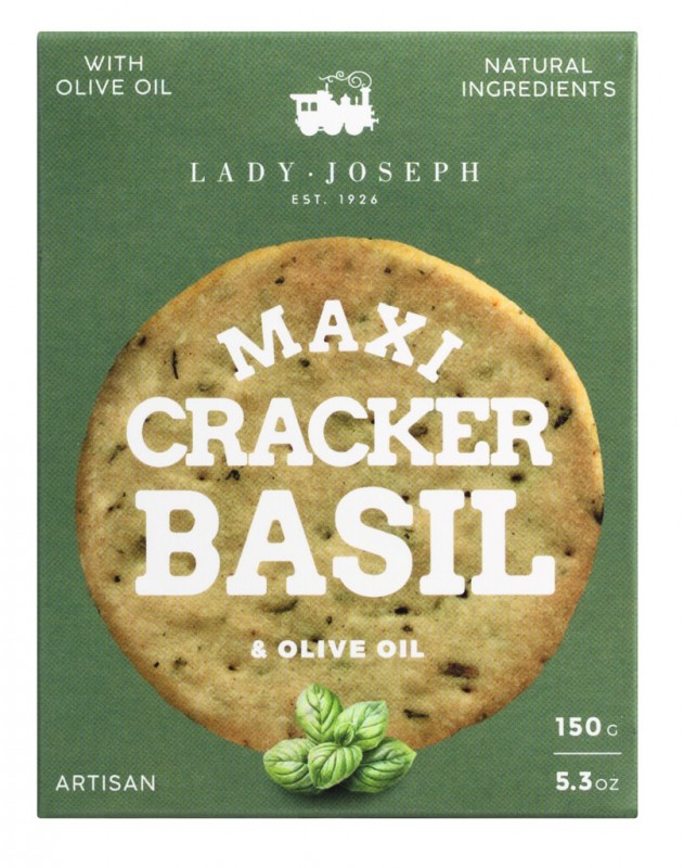 Maxi Cracker Basil, biscoitos salgados com manjericao e azeite, Lady Joseph - 150g - pacote