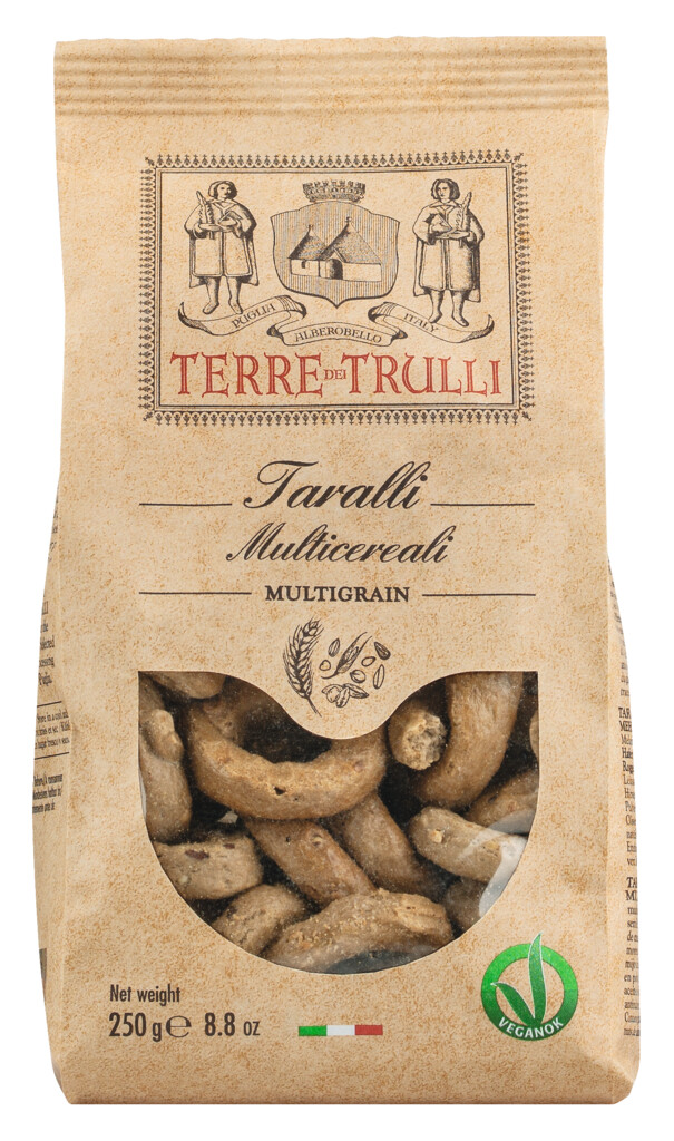 Taralli multicereal: galetes salades amb oli d`oliva verge extra, Terre dei Trulli - 250 g - bossa