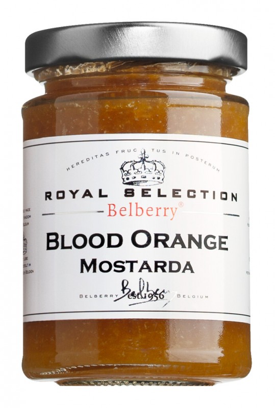 Mostarda Bloedsinaasappel, bloedsinaasappelsaus met mosterdsmaak, Belberry - 120g - Glas Mostarda Bloedsinaasappel, bloedsinaasappelsaus met mosterdsmaak, Belberry - 120g - Glas