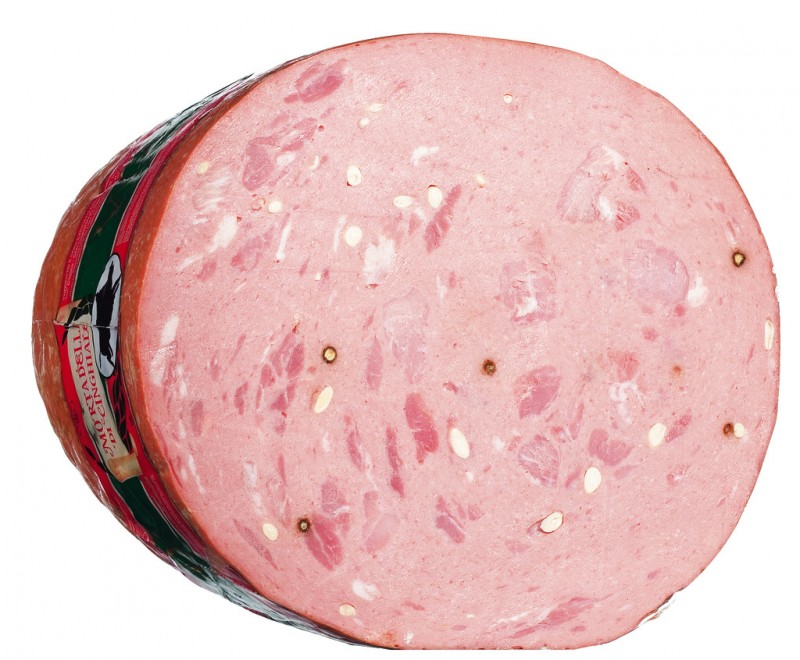 Mortadelle avec de la viande de sanglier, coupé en deux, mortadelle di cinghiale, une méta, Salumificio Viani - 5 kg - Pièce Mortadelle avec de la viande de sanglier, coupé en deux, mortadelle di cinghiale, une méta, Salumificio Viani - 5 kg - Pièce