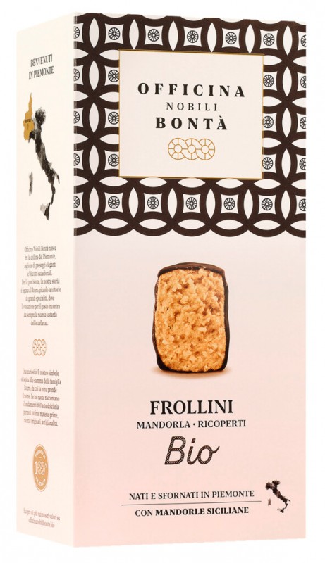 Frollini Mandorla Ricopert, organski, keks od badema preliven cokoladom, organski, Officina Nobili Bonta - 180g - pack Frollini Mandorla Ricopert, organski, keks od badema preliven cokoladom, organski, Officina Nobili Bonta - 180g - pack