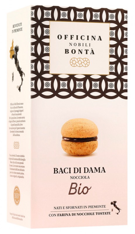 Baci di Dama alla nocciola, organico, biscoito duplo de avela com recheio de chocolate, organico, Officina Nobili Bonta - 180g - pacote Baci di Dama alla nocciola, organico, biscoito duplo de avela com recheio de chocolate, organico, Officina Nobili Bonta - 180g - pacote