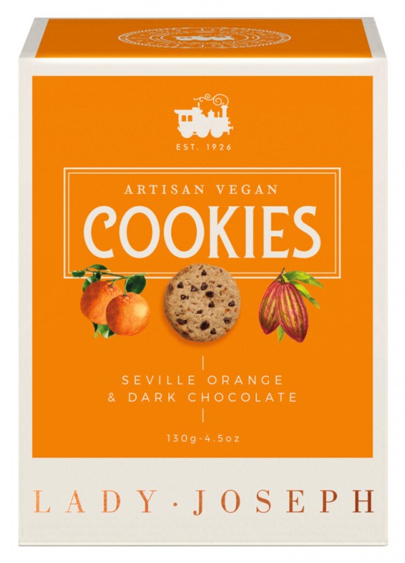 Cookies Seville Orange and Dark Chocolate, Gebäck mit Orange und Zartbitterschokolade, vegan, Lady Joseph - 130 g - Packung Cookies Seville Orange and Dark Chocolate, Gebäck mit Orange und Zartbitterschokolade, vegan, Lady Joseph - 130 g - Packung