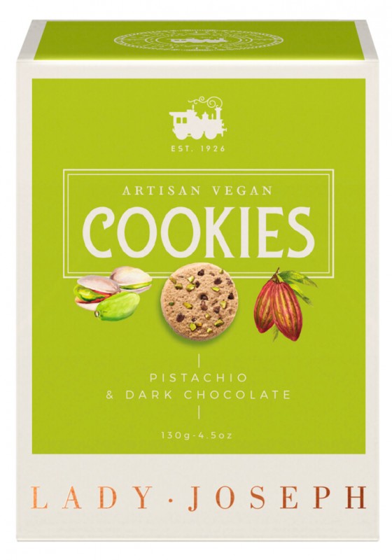 Cookies Pistachio and Dark Chocolate, pastries with pistachios and dark chocolate, vegan, Lady Joseph - 130 g - pack Cookies Pistachio and Dark Chocolate, pastries with pistachios and dark chocolate, vegan, Lady Joseph - 130 g - pack