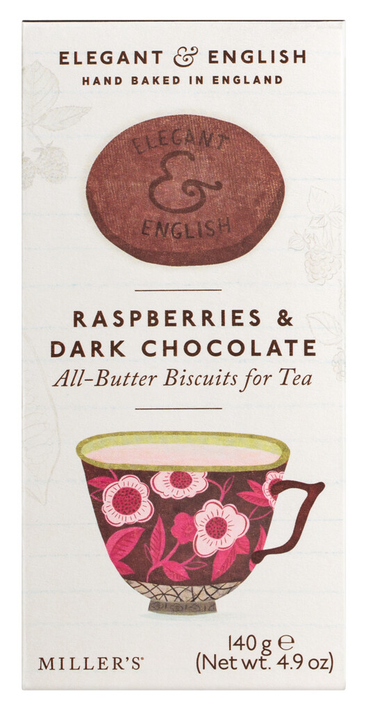 Elegant & English Raspberries + Dark Chocolate, Butterkekse mit Himbeeren & Zartbitterschokolade, Miller`s - 140 g - Packung Elegant & English Raspberries + Dark Chocolate, Butterkekse mit Himbeeren & Zartbitterschokolade, Miller`s - 140 g - Packung