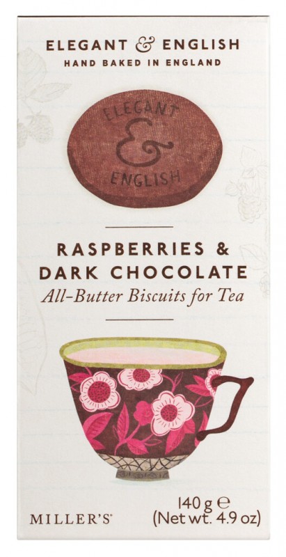 Elegant and English Raspberries + Dark Chocolate, butter biscuits with raspberries and dark chocolate, Miller`s - 140 g - pack Elegant and English Raspberries + Dark Chocolate, butter biscuits with raspberries and dark chocolate, Miller`s - 140 g - pack