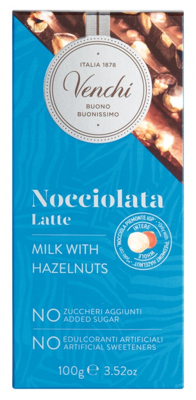 Barra de chocolate ao leite com avela, sem adicao de acucar, chocolate ao leite com avela, sem adicao de acucar, Venchi - 100g - Pedaco Barra de chocolate ao leite com avela, sem adicao de acucar, chocolate ao leite com avela, sem adicao de acucar, Venchi - 100g - Pedaco