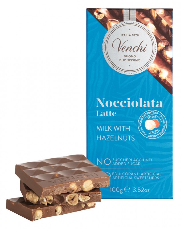 Barra de chocolate ao leite com avela, sem adicao de acucar, chocolate ao leite com avela, sem adicao de acucar, Venchi - 100g - Pedaco Barra de chocolate ao leite com avela, sem adicao de acucar, chocolate ao leite com avela, sem adicao de acucar, Venchi - 100g - Pedaco