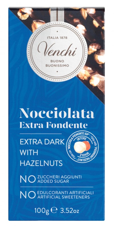 Barra de chocolate amargo e avela, sem adicao de acucar, chocolate amargo com avela, sem adicao de acucar, Venchi - 100g - Pedaco Barra de chocolate amargo e avela, sem adicao de acucar, chocolate amargo com avela, sem adicao de acucar, Venchi - 100g - Pedaco