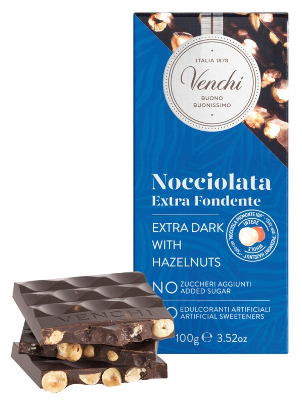 Barra de chocolate amargo e avela, sem adicao de acucar, chocolate amargo com avela, sem adicao de acucar, Venchi - 100g - Pedaco Barra de chocolate amargo e avela, sem adicao de acucar, chocolate amargo com avela, sem adicao de acucar, Venchi - 100g - Pedaco