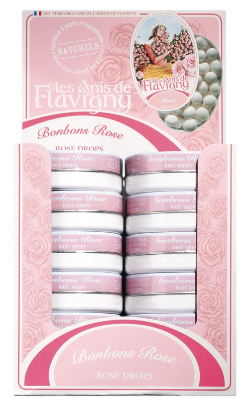 Bonbons rose, étalage, bonbons à la rose, étalage, Les Anis de Flavigny - 12 x 50 g - afficher