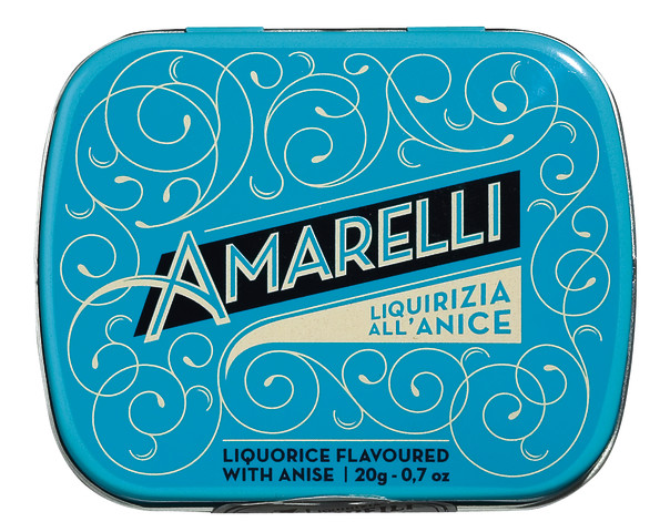 Liquirizia lattina blu, with anise, licorice pastilles with anise, display, Amarelli - 24 x 20 g - display